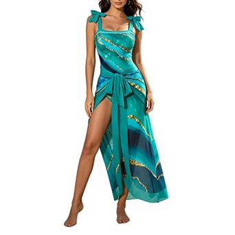 Women's 2 pc Marble Print One-Piece Swimsuit with Cover Up Sarong