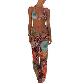 Women's 3 pc Starfish Halter Bikini Set with Sheer Maxi Skirt