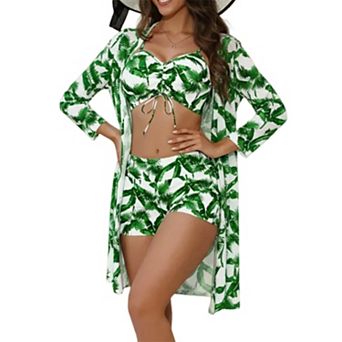 3 pc Women Bathing Suit Set, Drawstring Bikini Top+Shorts+Cover Up Kimono Beach Outfit
