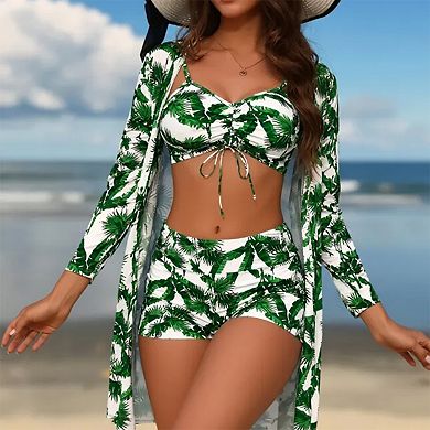 3 Pieces Women Bathing Suit Set, Drawstring Bikini Top+Shorts+Cover Up Kimono Beach Outfit