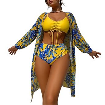 3 pc Bikini Set with Cover Up, Drawstring Front High Waist Swimwear for Beach Pool Vacation