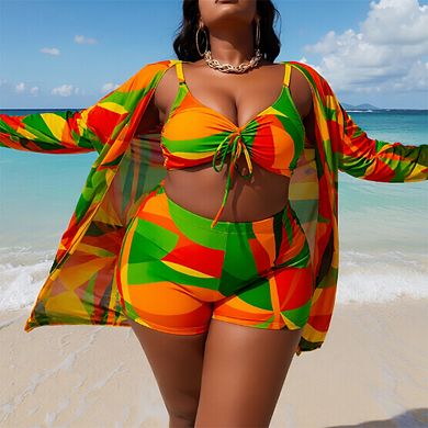 Women's 3 Piece Drawstring Bikini Set with Swim Shorts and Cover Up