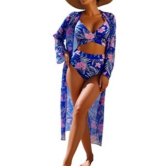 3 pc Wrap Cutout Bikini Set, High Waist Swim Bottom with Long Slit Sleeve Cover Up Robe