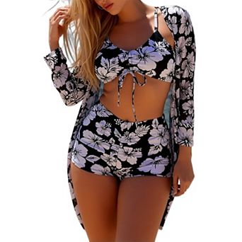 3 pc Front Tie Bikini Set, High Waist Brief with Long Sleeve Open Front Cover Up Kimono