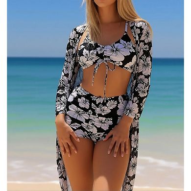 3 Pieces Front Tie Bikini Set, High Waist Brief with Long Sleeve Open Front Cover Up Kimono