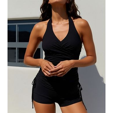 2 Piece Halter Wrap Tankini Set, Adjustable Side Drawstring Boy Shorts Swim Bottom Outfit