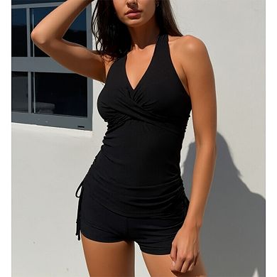 2 Piece Halter Wrap Tankini Set, Adjustable Side Drawstring Boy Shorts Swim Bottom Outfit