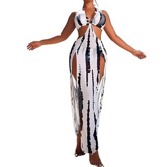 3 in 1 Cutout Halter Bikini Set, High Split Cover Up Maxi Dress Beach Swim Outfit