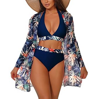 Women 3 pc Bikini Set, Halter Crop Top High Waist Brief & Tropical Print Long Sleeve Cover Up