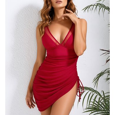 Women Mesh Panel V Neck Skirted One Piece Swimsuit, Adjustable Side Drawstring Ruched Swim Dress