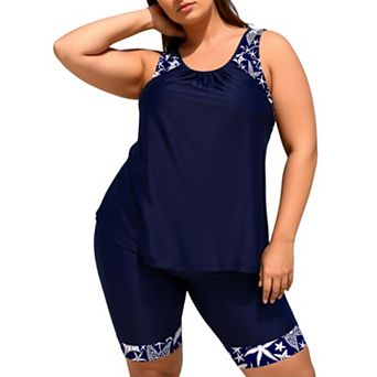 Women 2 pc Tankini, Gathered Scoop Neck Top & Knee Swim Shorts with Ocean Pattern Trim
