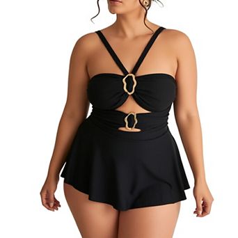 Women 2 pc Cutout Swim Dress Set, Halter Metal Ring Tankini with Flared Swim Skirt