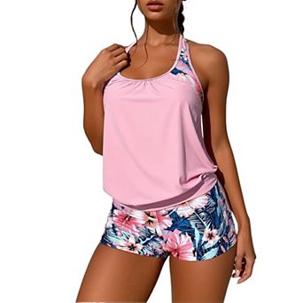 Women Strappy Back Blouson Tankini Top & Tropical Print Shorts, 2 pc Modest Split Swimwear Set