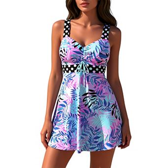 Women 2 pc Print Swim Dress Tankini, Dot Strap Sweetheart Tie Waist Top & Hidden Brief Skirt