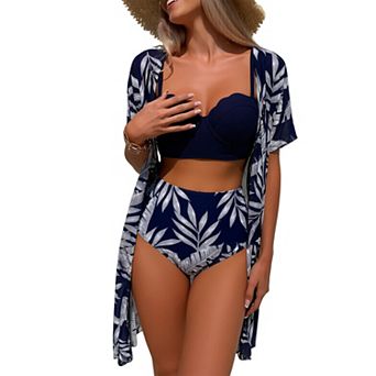 Women 3 pc Bikini, Scallop Underwire Top, High Waist Print Brief & Leaf Kimono Cover Up