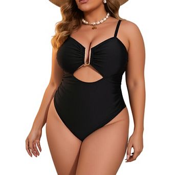 Women Cutout One Piece Swimsuit, Spaghetti Strap U Metal Ring Ruched Figure Shaping Bathing Suit