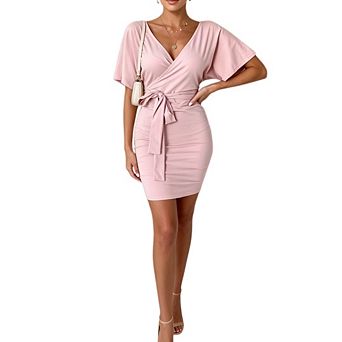 Women Summer Crewneck V Neck Short Sleeve Tie Waist Soft Casual Mini T Shirt Dress Daily Outfit