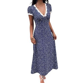 Women's Floral Print Lace Trim Deep V Neck Short Sleeve Flared Maxi Dress Summer Vacation Outfit
