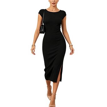 Women Summer Crew Neck Solid Short Sleeve T Shirt Dress Casual Side Slit Midi Daily Outfit