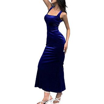 Women's Spaghetti Strap Drawstring Bodycon Maxi Dress Club Cocktail Evening Party Outfit