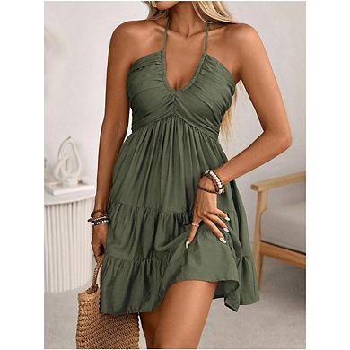 Women's Summer Halter Backless Sleeveless Ruffle Hem Flowy A Line Mini Cami Sundress Beach Vacation