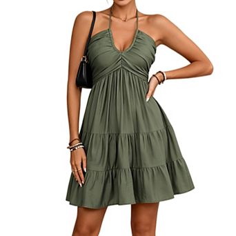 Women's Summer Halter Backless Sleeveless Ruffle Hem Flowy A Line Mini Cami Sundress Beach Vacation
