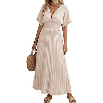 Women's Summer V Neck Flutter Sleeve Backless Elastic Waist Tiered Flowy Maxi Dress Vacation Outfit