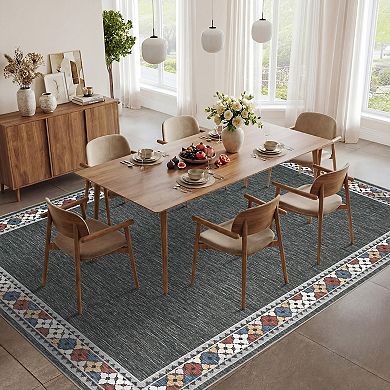 Machine Washable Area Rug with Rubber Backing Geometric Border Soft Non-Slip Low-Pile Carpet