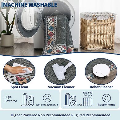 Machine Washable Area Rug with Rubber Backing Geometric Border Soft Non-Slip Low-Pile Carpet