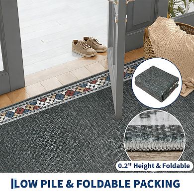 Machine Washable Area Rug with Rubber Backing Geometric Border Soft Non-Slip Low-Pile Carpet