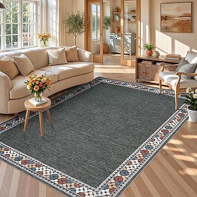 Machine Washable Area Rug with Rubber Backing Geometric Border Soft Non-Slip Low-Pile Carpet