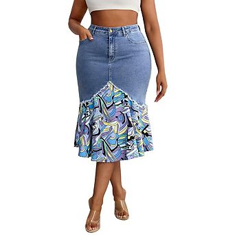 Women High Waist Denim Midi Skirt Ruffled Printed Hem Bodycon Stretch Jean Skirt