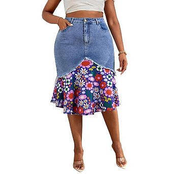 Women High Waist Denim Midi Skirt Ruffled Printed Hem Bodycon Stretch Jean Skirt