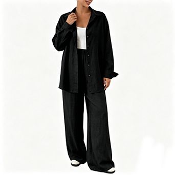 Women Button Down Long Sleeve Shirt Elastic Waist Wide Leg Long Pants Summer Fall Casual 2 pc Set