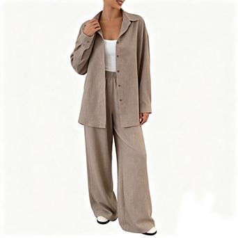 Women Button Down Long Sleeve Shirt Elastic Waist Wide Leg Long Pants Summer Fall Casual 2 pc Set