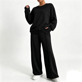 Women's Fall Crew Neck Long Sleeve Sweatshirt Wide Leg Long Pants Casual Soft 2 pc Loungewear Set