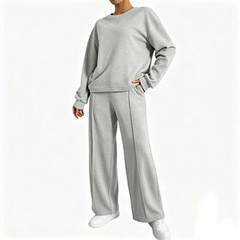 Women's Fall Crew Neck Long Sleeve Sweatshirt Wide Leg Long Pants Casual Soft 2 pc Loungewear Set