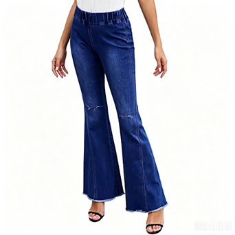 Womens Bell Bottom Wide Leg Denim Jeans Solid High Waisted Distressed Jeggings Pants with Pockets