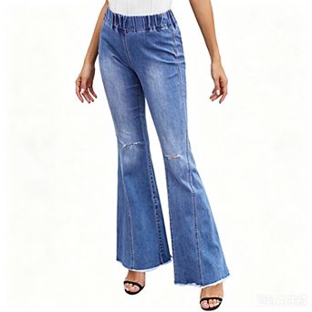 Womens Bell Bottom Wide Leg Denim Jeans Solid High Waisted Distressed Jeggings Pants with Pockets