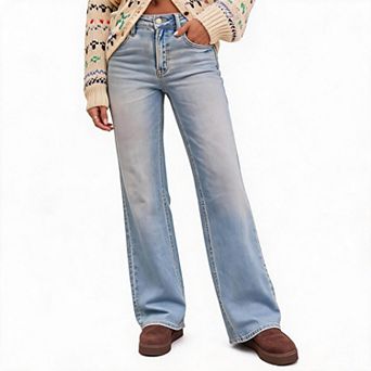 Womens Wide Leg Jeans High Waist Full Length Pants with Pocket Casual Denim Trousers
