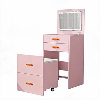 Pink Compact 3-in-1 Vanity Set LED Mirror Rolling Chair Wood Desk