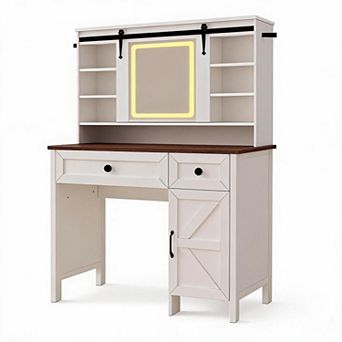White Contemporary Wooden Vanity Desk LED Mirror with Charging Station Stool