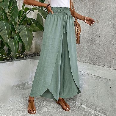 Womens Wide Leg Split Palazzo Pants Drawstring High Waist Lightweight Vacation Trousers