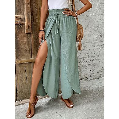 Womens Wide Leg Split Palazzo Pants Drawstring High Waist Lightweight Vacation Trousers