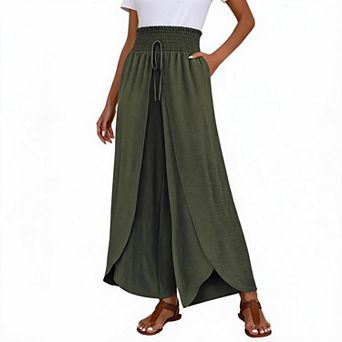 Womens Wide Leg Split Palazzo Pants Drawstring High Waist Lightweight Vacation Trousers
