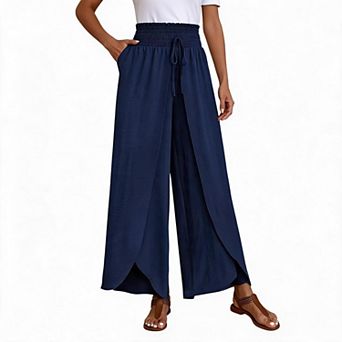 Womens Wide Leg Split Palazzo Pants Drawstring High Waist Lightweight Vacation Trousers