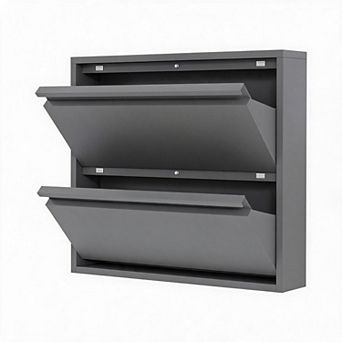 Garvee Slim Metal Shoe Cabinet with 2 Flip Drawers, Narrow Shoe Storage, Anti-Tip Safety Wall Mount