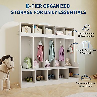 5-Section Kids Cubby Storage Organizer with 5 Hooks, Wooden Coat Locker, Freestanding Cabinet
