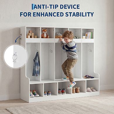 5-Section Kids Cubby Storage Organizer with 5 Hooks, Wooden Coat Locker, Freestanding Cabinet