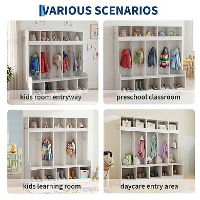 5-Section Kids Cubby Storage Organizer with 5 Hooks, Wooden Coat Locker, Freestanding Cabinet